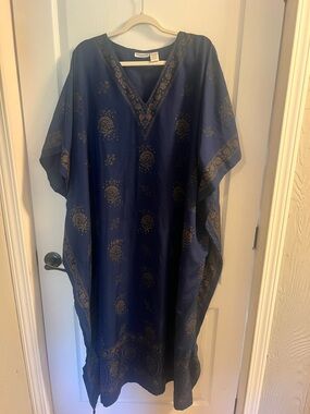 Boho Navy Maxi Caftan Dress with Gold Print